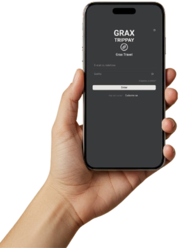 Mão segurando um celular com o app Grax Trippay aberto