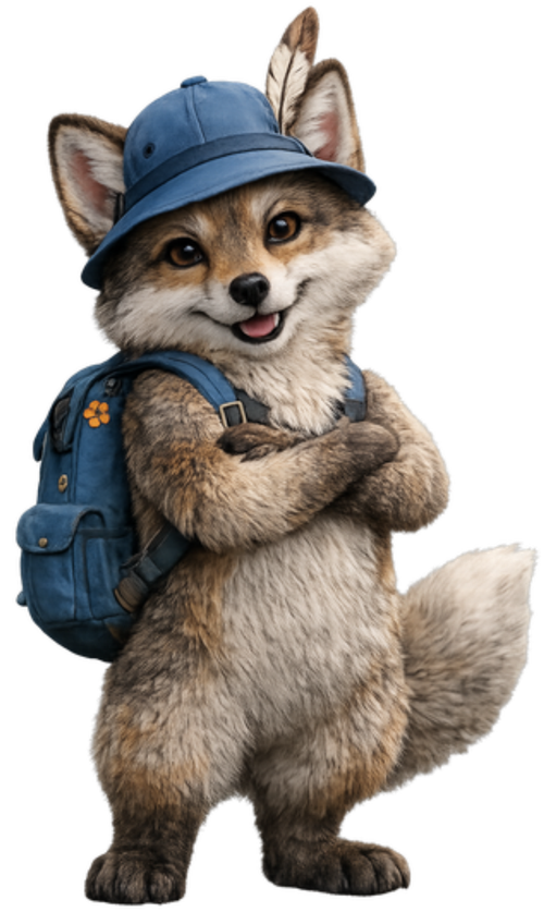 Mascote GRAX, uma raposa exploradora com mochila